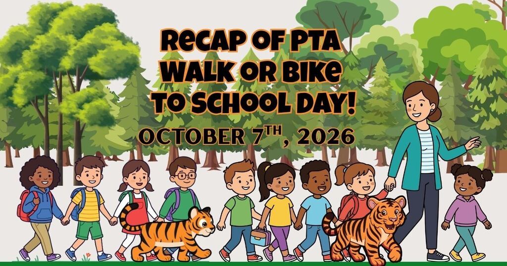 Cartoon children walking alongside cartoon tigers walking with trees in the background