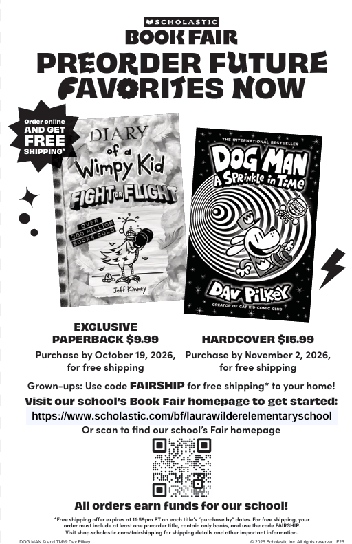 Preorder your favorites today!! Newest Diary of a Wimpy Kid & Dog Man books are available to preorder using the QR code or by stopping at the book fair during conferences!