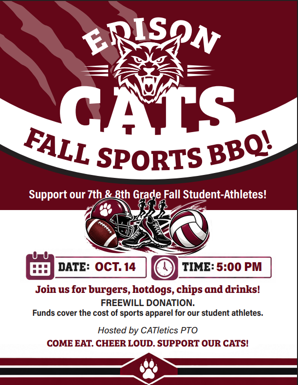 Fall Sports BBQ October 14th at 5pm