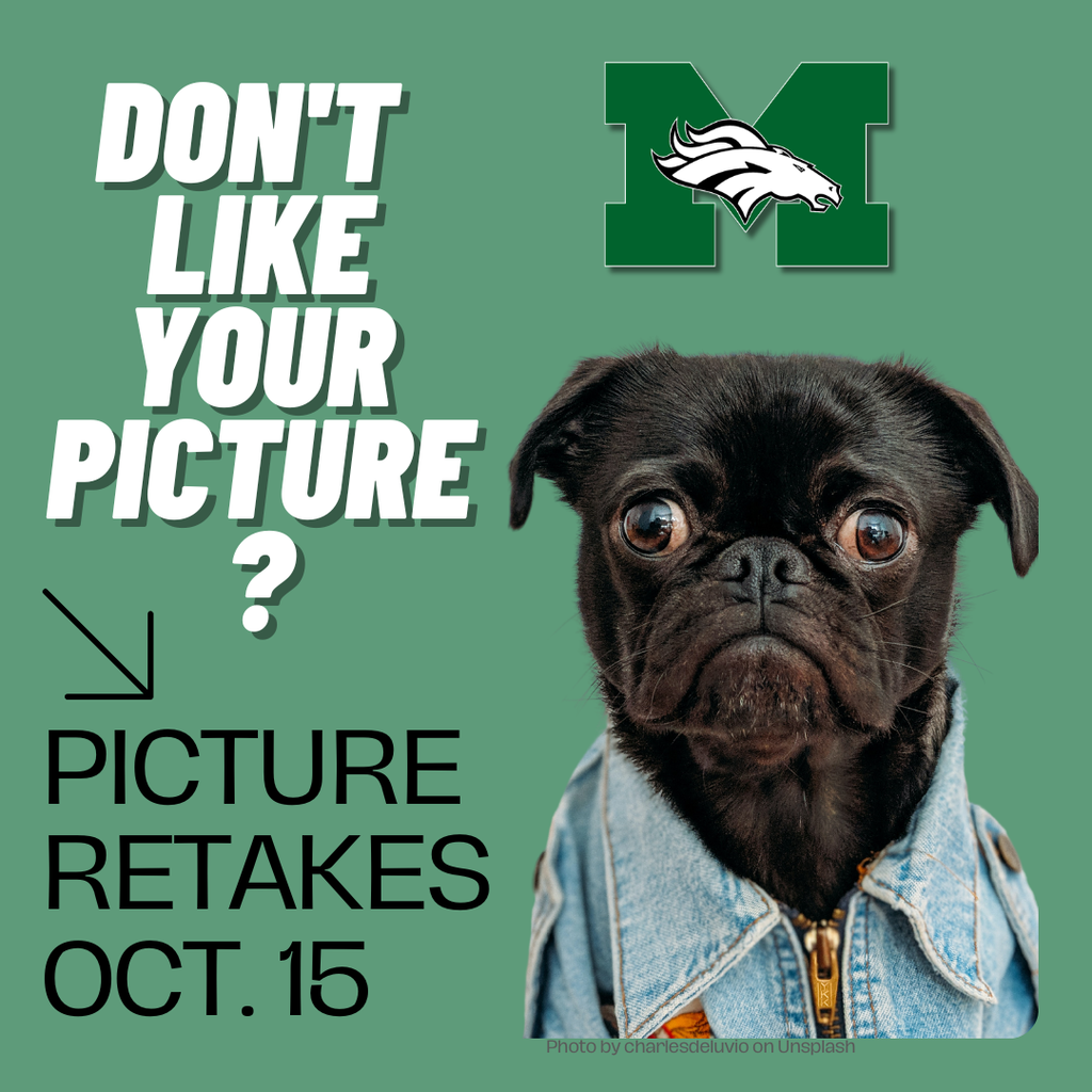 Green graphic with the Memorial M logo and a photo of a grumpy-looking black pug in a denim jacket. Text reads: “Don’t like your picture? Picture retakes Oct. 15.”