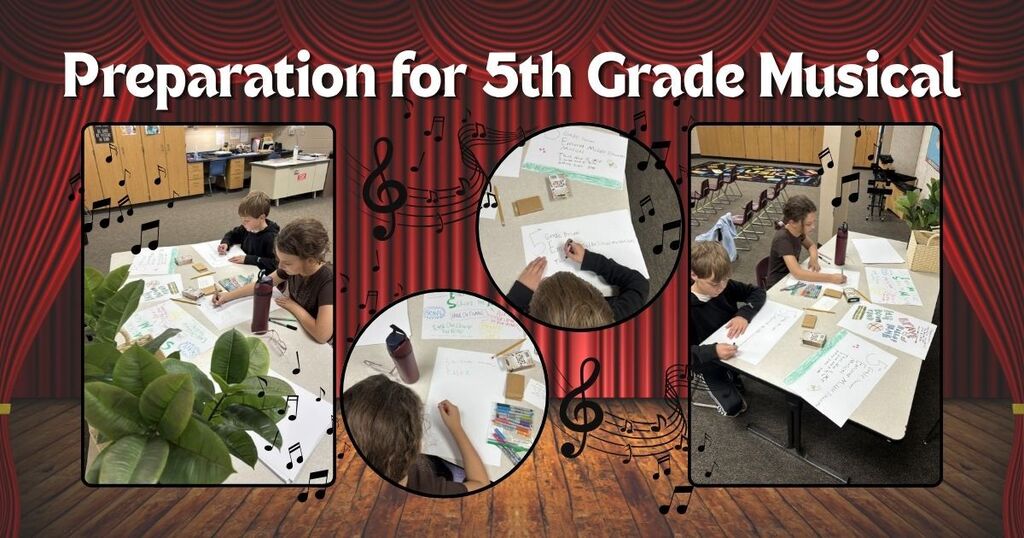 5th grade students decorating posters for upcoming musical on November 5th