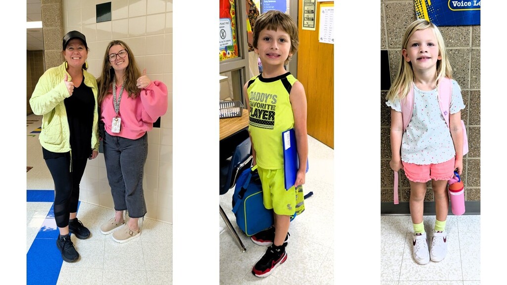 Students and staff smiling while wearing bright neon colors to celebrate Monday's homecoming week dress up day, which was Neon Day.