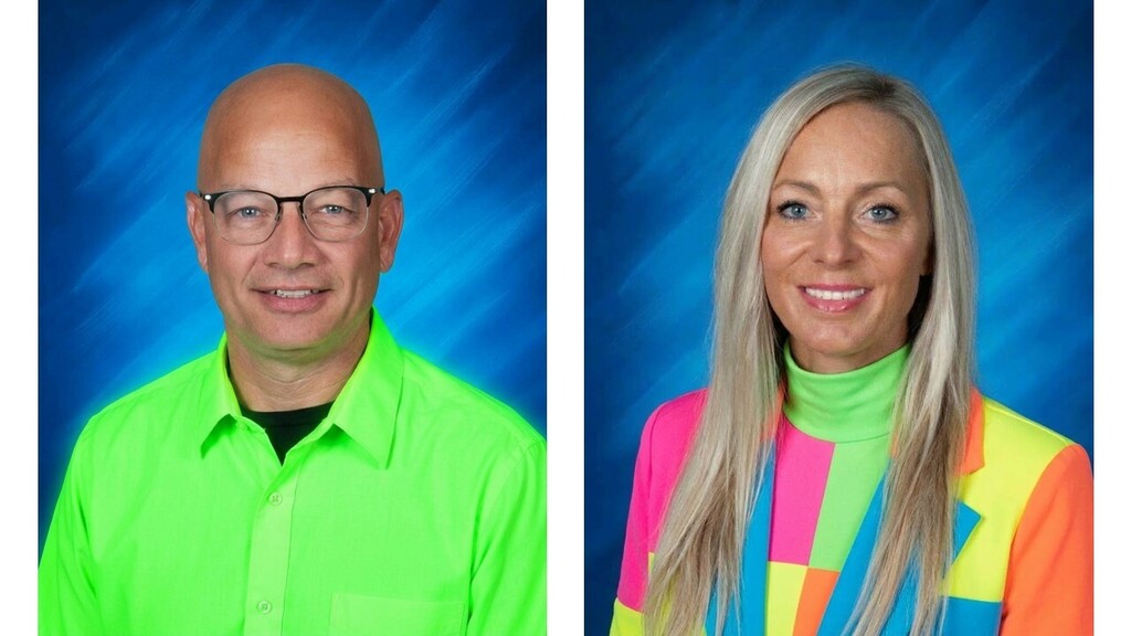 Both principals school picture altered so it looks like they are wearing a neon shirt to celebrate Monday's homecoming week dress up day, which was Neon Day.
