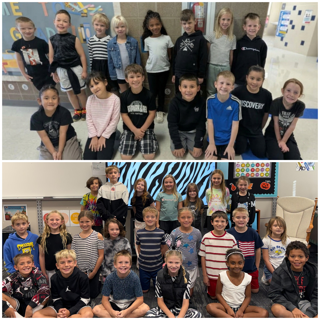 Classroom group photo of students dressed in zebra stripes or black and white for homecoming dress up days.