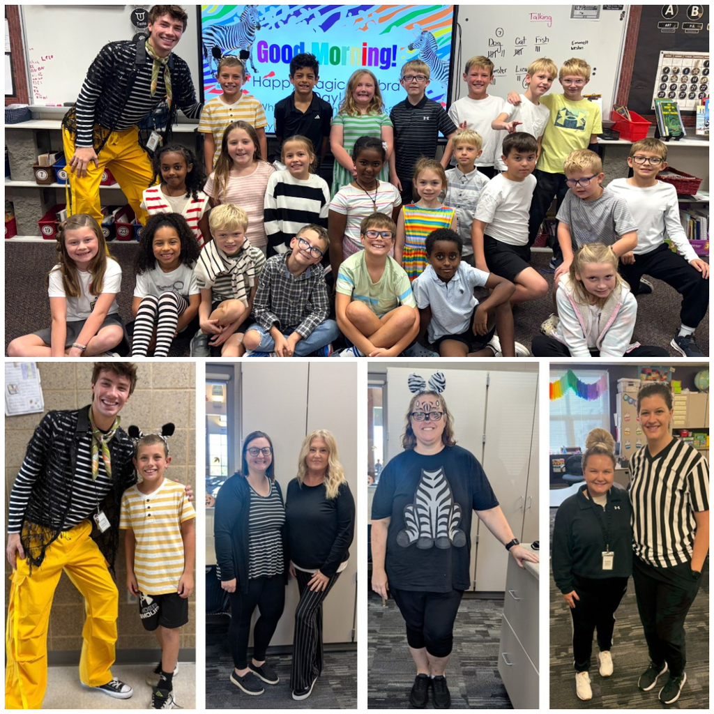 Classroom group photo of students and staff dressed in zebra stripes or black and white for homecoming dress up days.