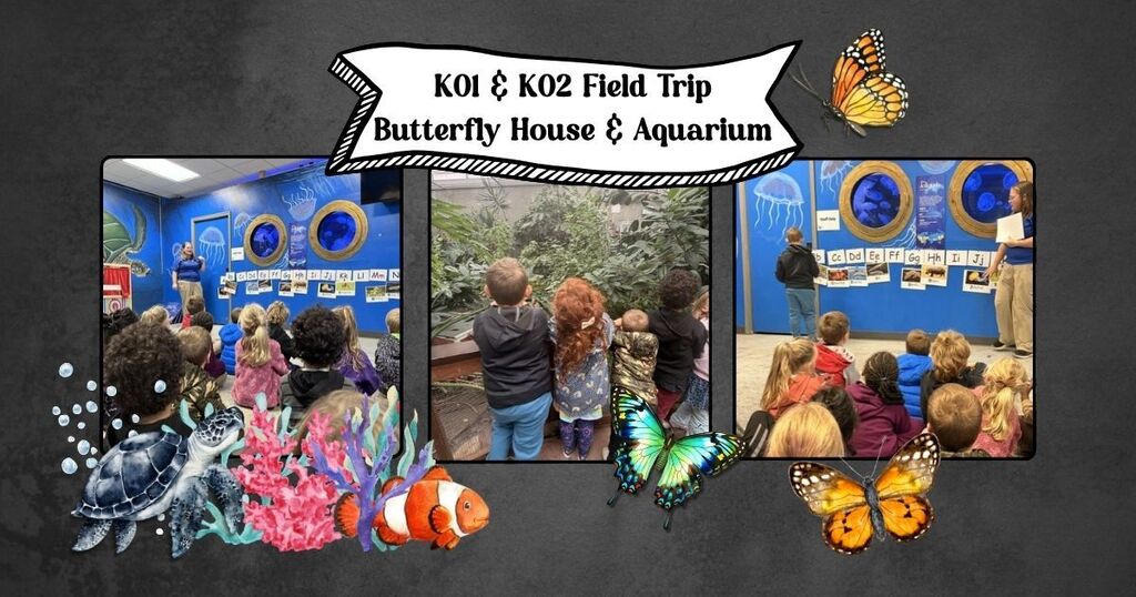 Students eagerly watching a staff member from the butterfly house and aquarium presenting about animals during a field trip. Students also observe plants and watch for butterflies in the butterfly house enclosure.