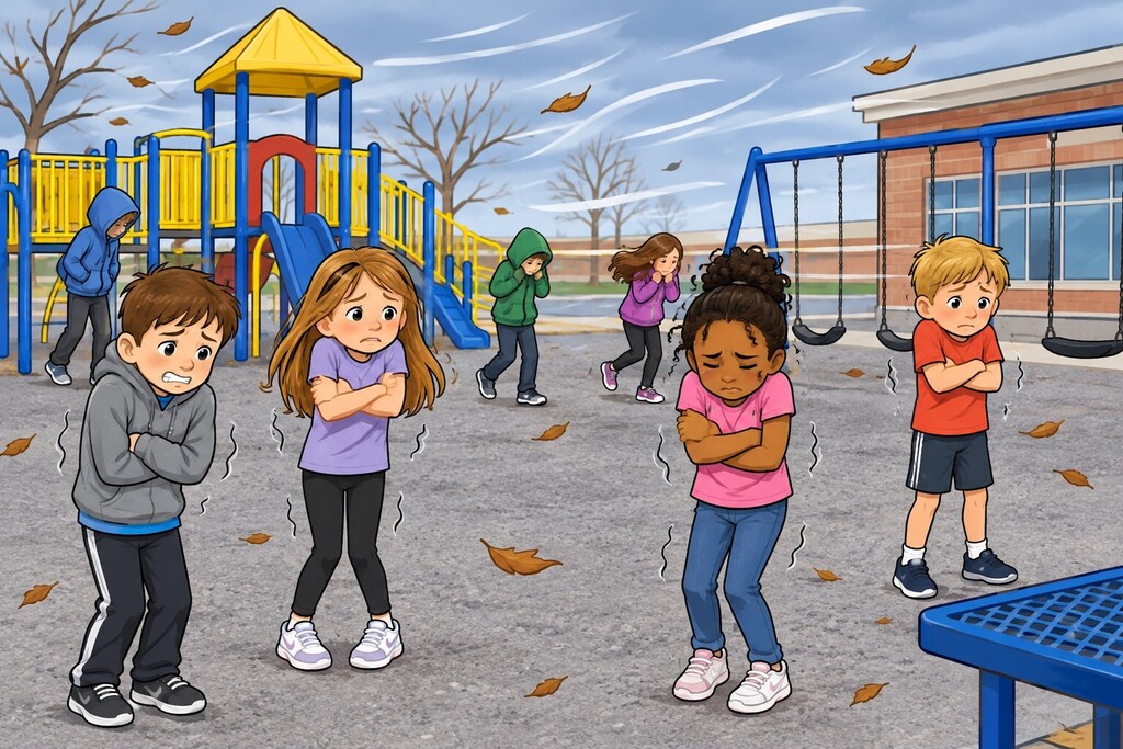 Cartoon image of an elementary school payground with blowing leaves and wind. Students are cold and not dressed for the weather. 