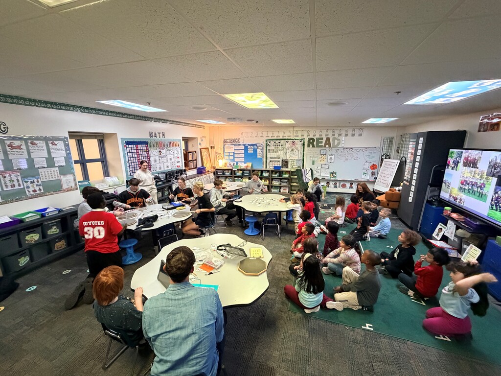 classroom with 1st grade and drumline students