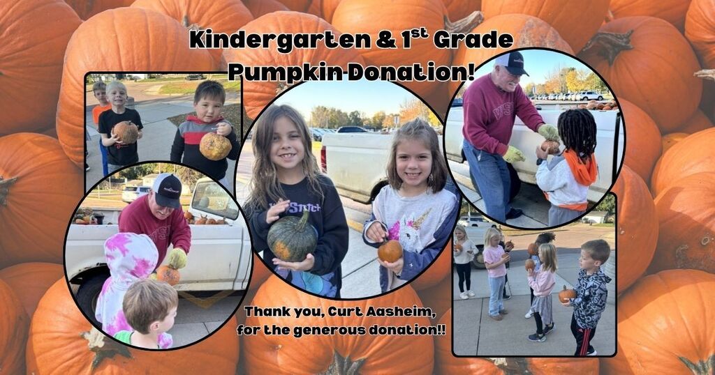 Pumpkin background with smaller pictures of kindergarten and first grade students receiving pumpkins from a generous donor - students excitedly receive pumpkins and pose with their pumpkins.