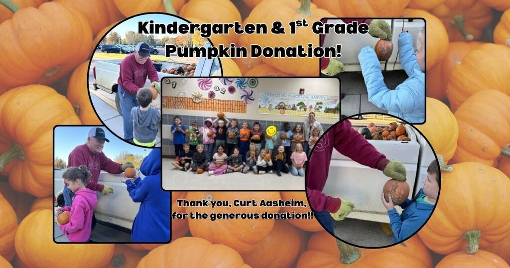 Pumpkin background with smaller pictures of kindergarten and first grade students receiving pumpkins from a generous donor - students excitedly receive pumpkins and pose with their pumpkins.