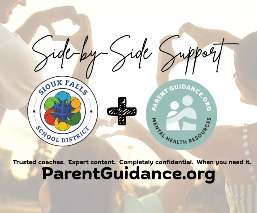 Three people form heart shapes with their hands against the golden sunset, with a child in the foreground. Sioux Falls School District logo and parentguidance.org logo show partnership and side-by-side care for mental health support.