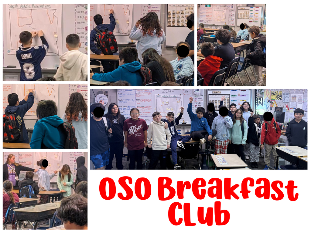 photos of students meeting for their first OSO breakfast club in Ms. Wickberg's classroom. Sitting at desks, putting sticky notes on a poster to show which reservation they're from.