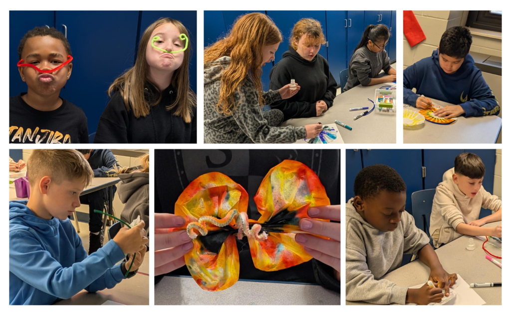 pictures of 5th grade students making coffee filter butterflies in art class to use for their upcoming concert