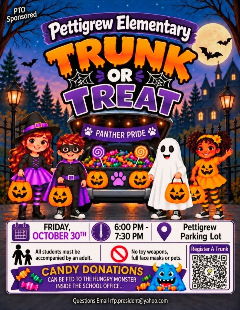 4 children in halloween costumes going trick or treating in a spooky evening setting with bats, a full moon and a haunted house