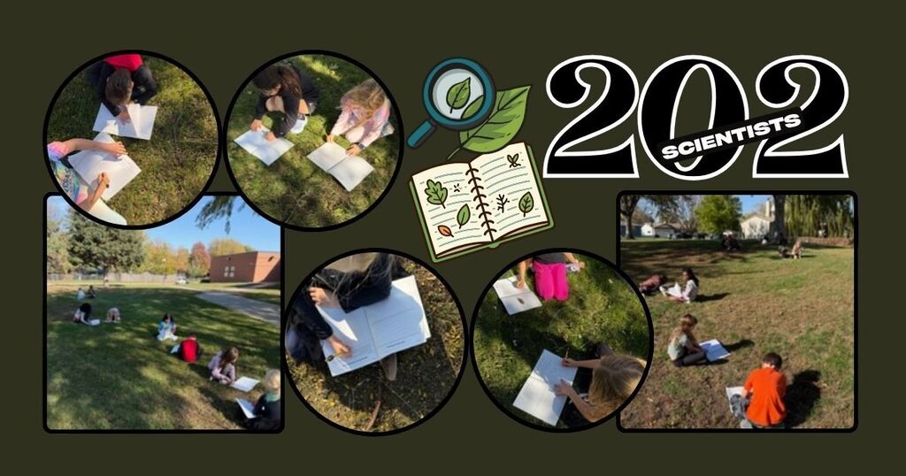 Second grade students outside on grassy area of school on a warm Fall day with notebooks and pencils, taking note of what they notice in nature.