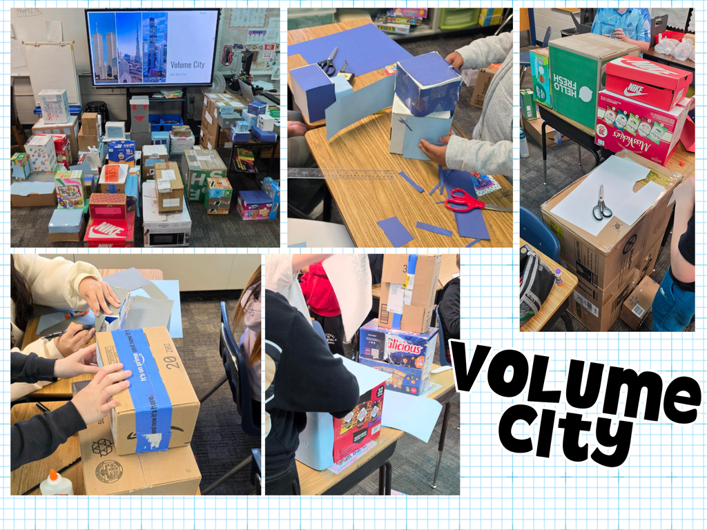 collage of 5 photos showing boxes being turned into Volume City as 5th grade students learned how to calculate the volume of rectangular prisms