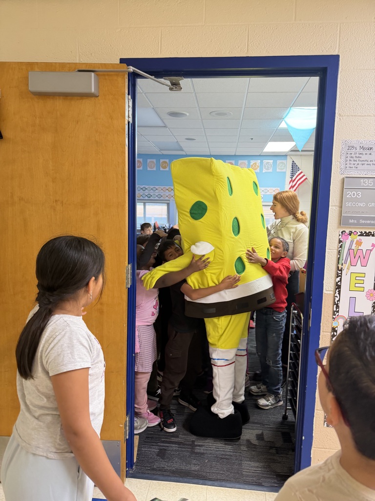 Spongebob giving hugs to students.