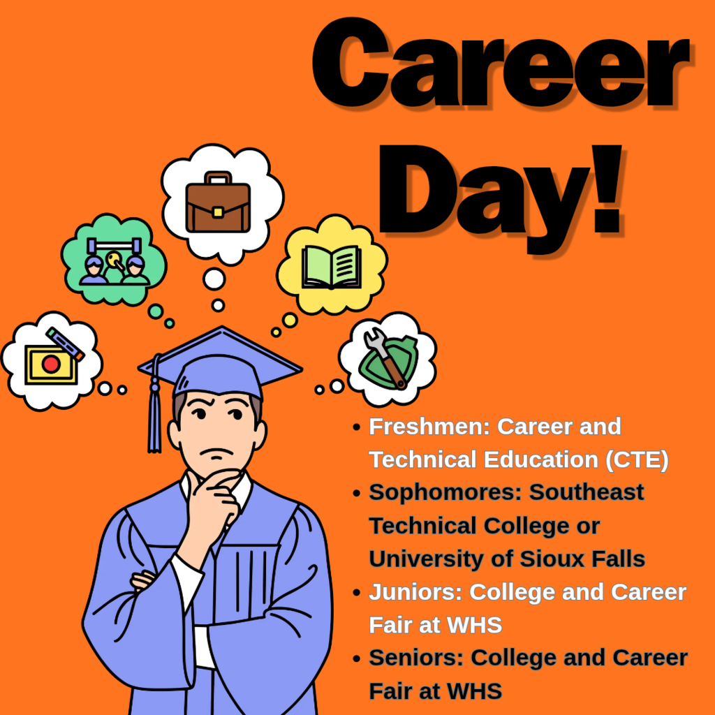 Poster advertising Career Day with images of a graduate, briefcase, book, and house.