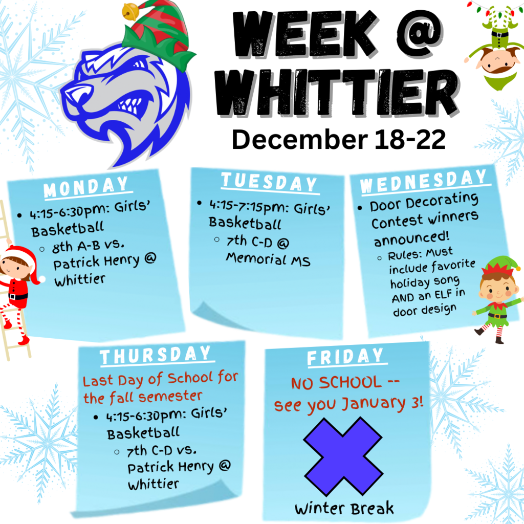 Week at Whittier calendar for December 18-22