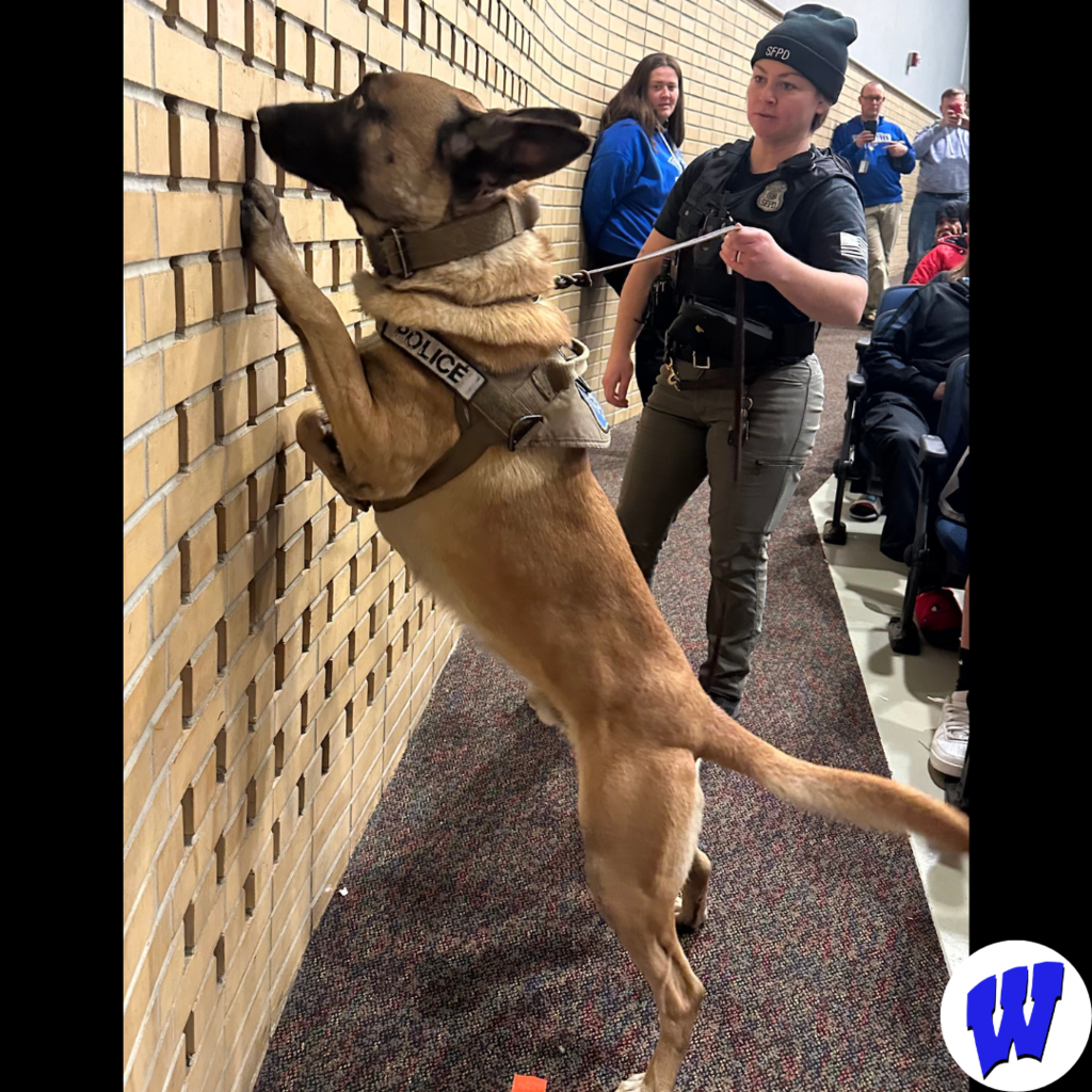 Officer Neal, K-9 Officer Fox, and dog, Rex, visited Whittier for a presentation to 8th grade students.