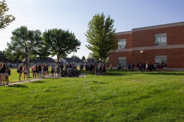 Students gathered outside Memorial Middle School at the start of the year