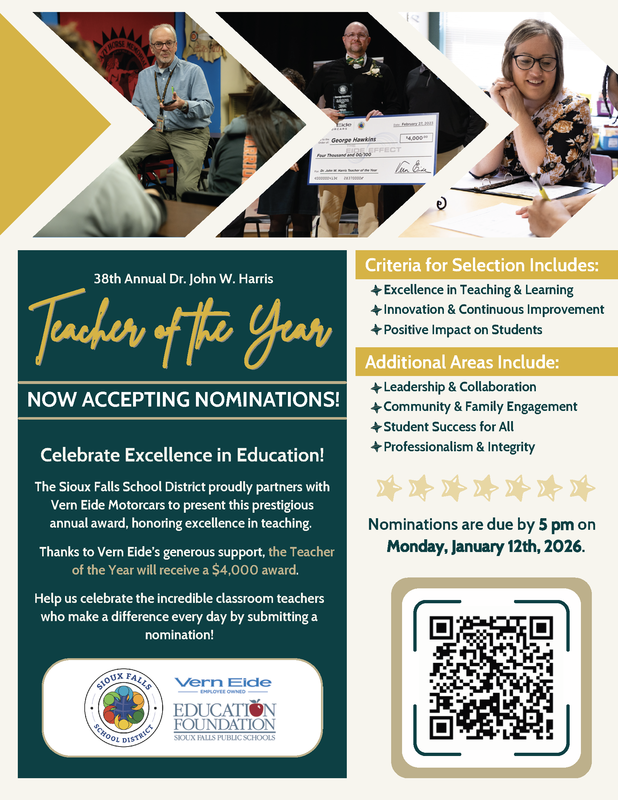 Teacher of the Year Flyer with images of three past winners. One teaching in a classroom, one standing with his $4,000 award check and the third in her classroom talking with a student