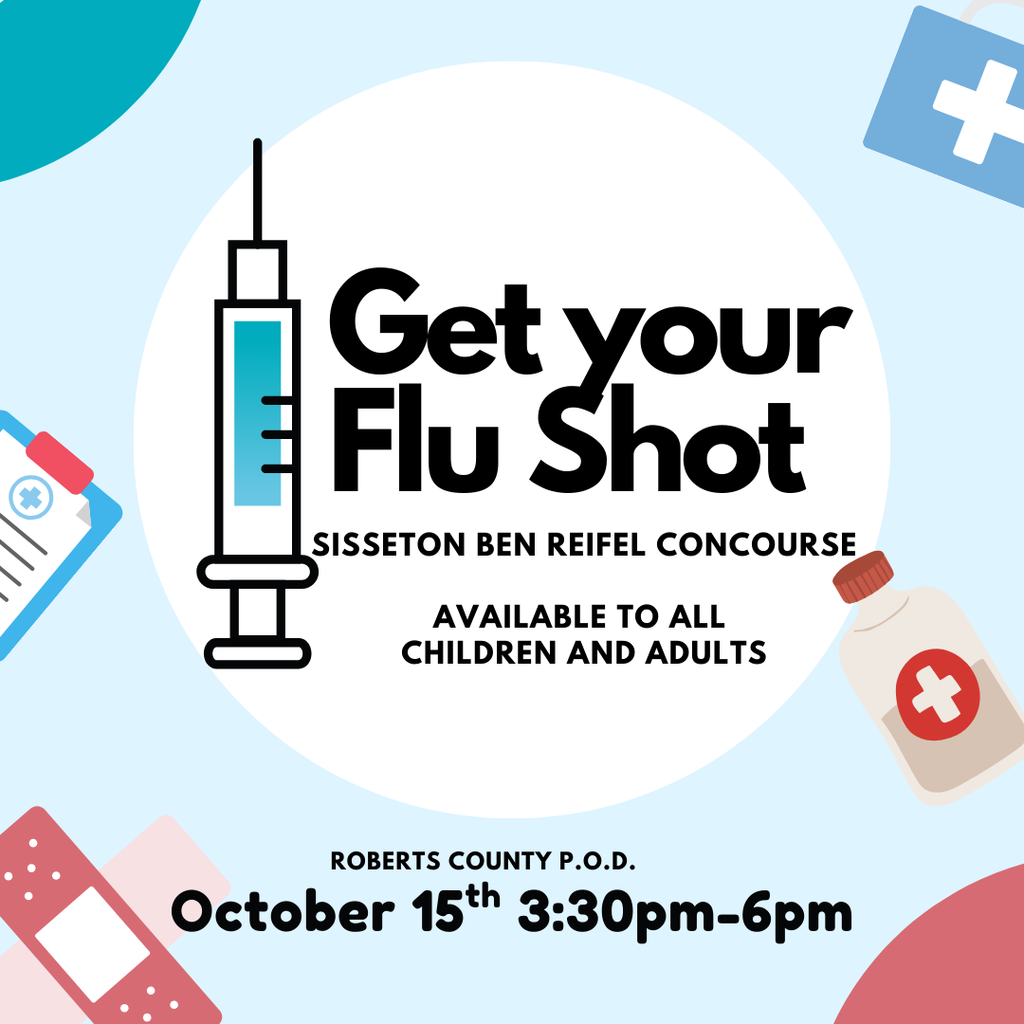 A FREE flu shot clinic will be held on Wednesday, October 15, from 3:30 - 6:00 p.m. in the Ben Reifel concourse. This is available to all community residents, ages 6 months - 65 years. Questions may be directed to Roberts County Community Health: (605) 698-4183