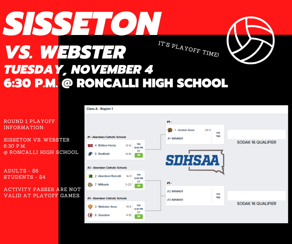 Good Luck to the Sisseton Volleyball team in their game against Webster in the first round of the Region 1A Volleyball Tournament on Tuesday,  November 4.  Game time: 6:30 p.m.  Adults - $6 Students - $4  Activity Passes are not valid at playoff games.