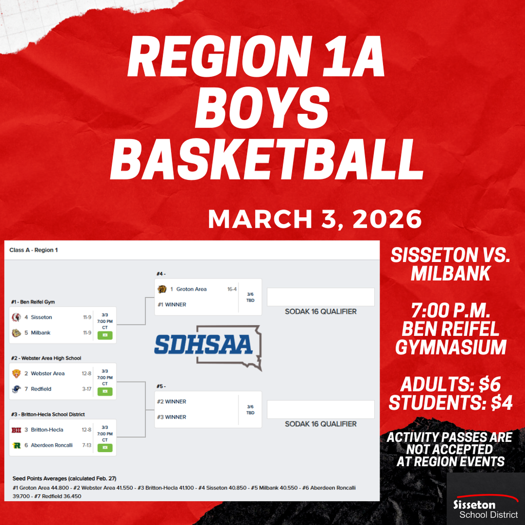 Good Luck to the Sisseton Boys Basketball team in their game against Milbank in the first round of the Region 1A Basketball Tournament on Tuesday,  March 3, 2026.  Game time: 7:00 p.m.  Adults - $6 Students - $4  Activity Passes are not valid at playoff games.