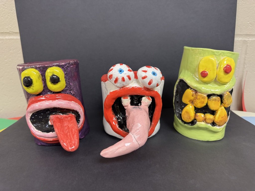 8th grade students Carmelo, Trey, and Dylan weren't afraid to express their creativity during this quarter's mug-making ceramics unit! Students were required to make mugs as demonstrated by Mrs. Monroe and highly encouraged to tap into their creativity with how they were put together. Well done, gentlemen!
