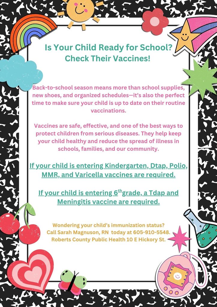 Dear Parents/Guardians of upcoming Kindergarten, 6th grade students, and students transferring in from an out-of-state school: We are several weeks away from the start of a new school year! This is a friendly reminder to schedule your child's required immunizations. Please call your child's physician's office today to schedule an appointment.  Don't forget to ask for an updated immunization list and kindly bring it to the school office to have on file. 