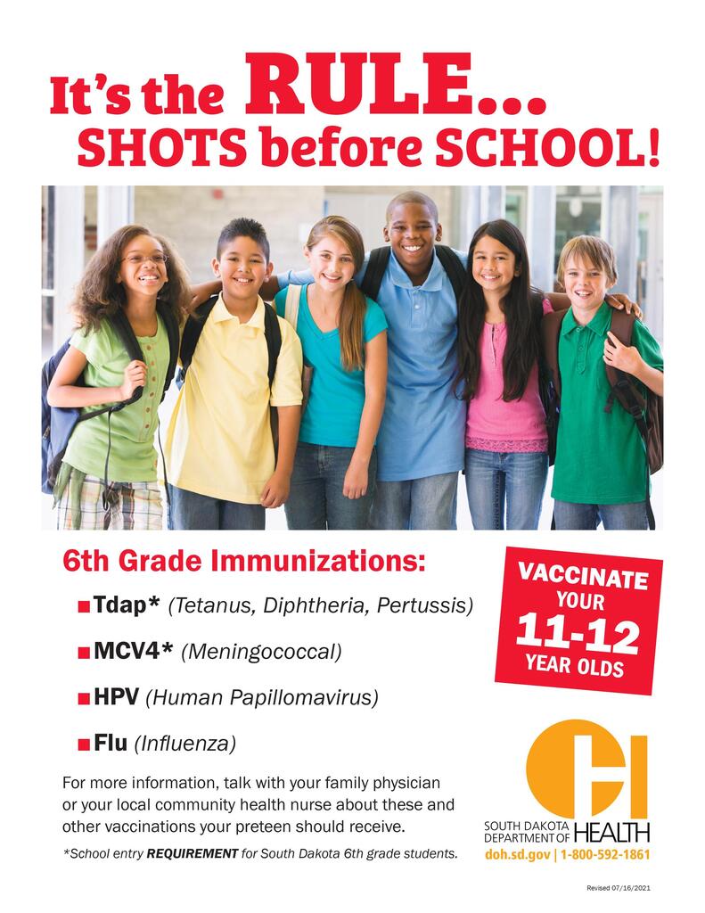 Dear Parents/Guardians of upcoming Kindergarten, 6th grade students, and students transferring in from an out-of-state school: We are several weeks away from the start of a new school year! This is a friendly reminder to schedule your child's required immunizations. Please call your child's physician's office today to schedule an appointment.  Don't forget to ask for an updated immunization list and kindly bring it to the school office to have on file. 
