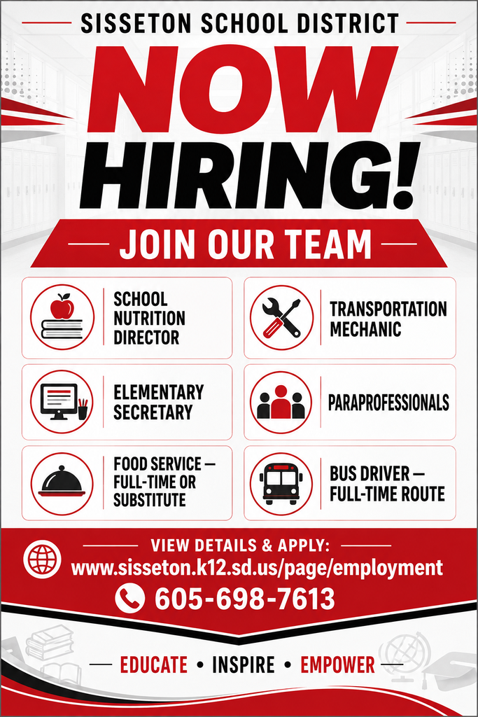 Join the Sisseton School District team! We’re hiring for several positions. View details and apply at: https://www.sisseton.k12.sd.us/page/employment