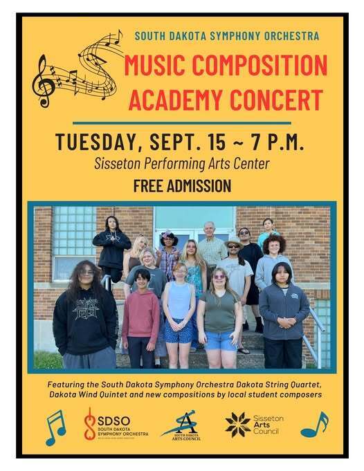 The South Dakota Symphony Orchestra invites you to the music composition academy concert on Tuesday, September 15, at 7:00 p.m., in the Performing Arts Center. This performance features the SDSO String Quartet, Dakota Wind Quintet, and new compositions by local student composers.