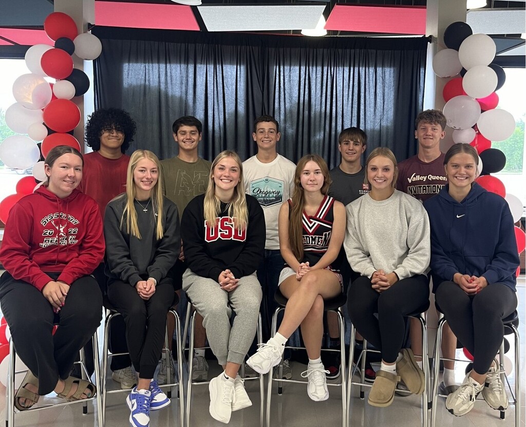 2026 Homecoming Coronation will be held Monday, Sept. 14th in the Performing Arts Center at 7:30 p.m. The following seniors were chosen as homecoming candidates: Front row: Crowning the king and queen Beth M., Queen Candidates-- Olivia P., Chesnie A., Berklee S., Gabby H., and Saylor L. Back row: King Candidates Kester S., Josh D., Bryson H., Kayden T., Ryder G. and Drake H (not pictured). The Homecoming Parade will take place on Friday, Sept. 18 at 1:30 pm, and the homecoming football game against Baltic will take place on Friday night at 7:00 pm.