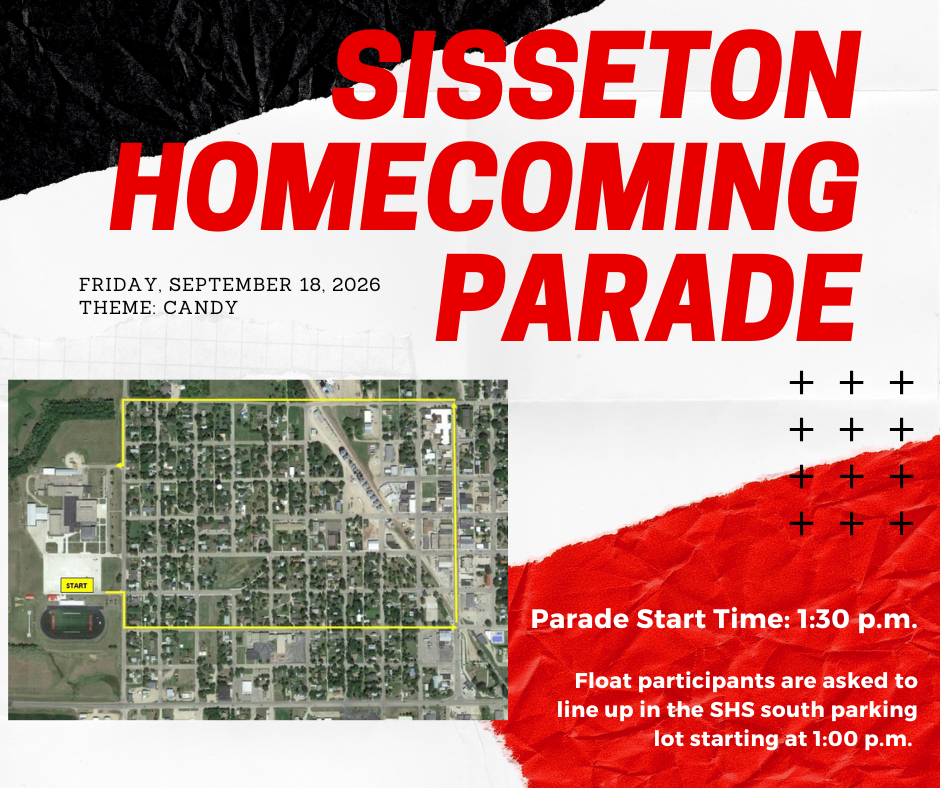 Join us for Sisseton's Homecoming Parade on Friday, September 18. All are invited to participate in the parade. Floats may start lining up in the SHS parking lot starting at 1:00 p.m. The parade will start at 1:30 p.m. This year's parade theme is "Candy".