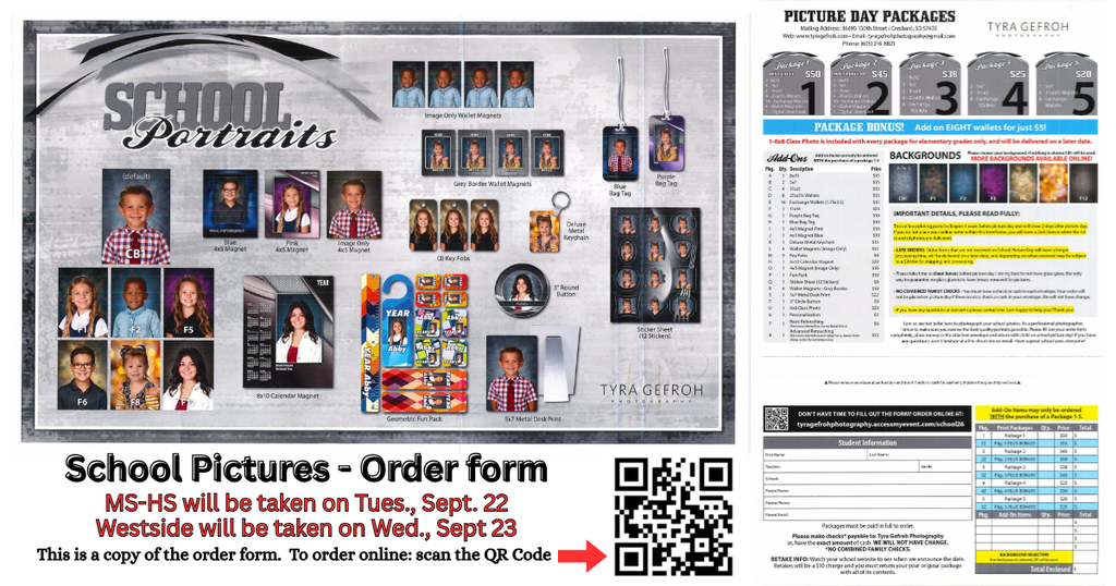 School Pictures to be taken at MS & HS on Tues., 9/22 and WS on Wed., 9/23.