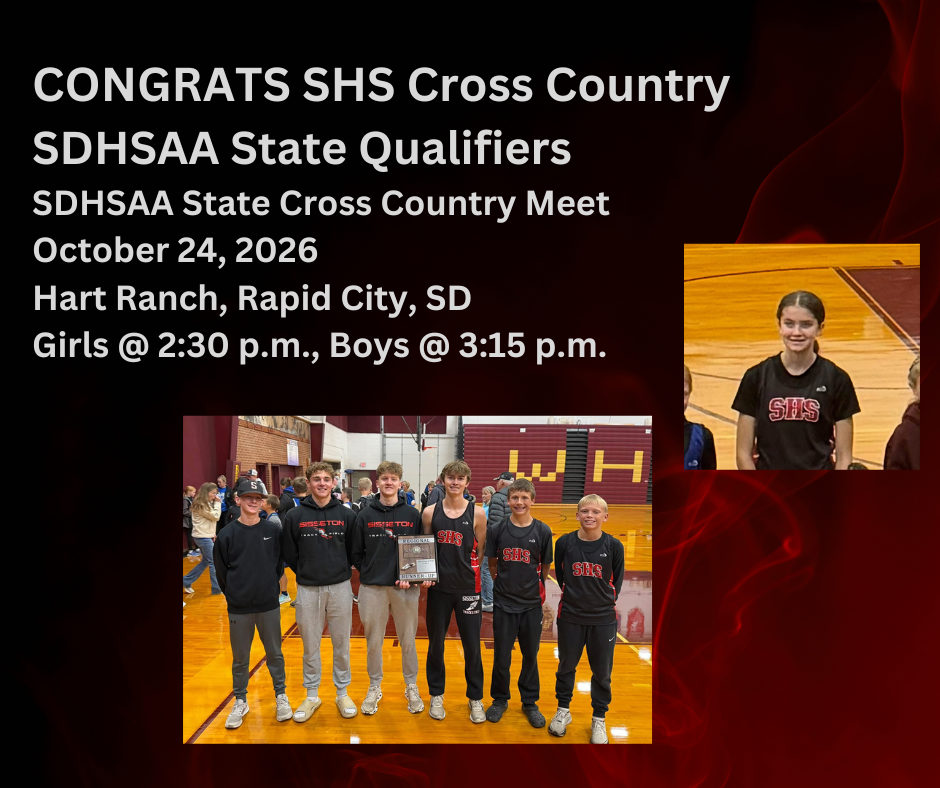 🏃♂️🏃♀️🏆 STATE BOUND! 🏆🏃♀️🏃♂️ ❤️🤍 CONGRATULATIONS, SHS CROSS COUNTRY! ❤️🤍 The SHS Boys Cross Country Team and McKenna G. have qualified for the 2026 SDHSAA State Class A Cross Country Meet! 👏 Congratulations to our State Qualifiers! 🏃♂️ Boys Team: Ryder G. • Brett H. • Noah E. • Hudson B. • Hardin S. • Everett G. 🏃♀️ Girls Individual Qualifier: McKenna G. 📅 Saturday, October 24, 2026 📍 Hart Ranch | Rapid City, SD 🎉 CONGRATULATIONS & GOOD LUCK! SDHSAA Tournament Information: https://sdhsaa.com/activity/cross-country-championships/ SDPB Broadcast Information: https://www.sdpb.org/hsactivities/sports/crosscountry/
