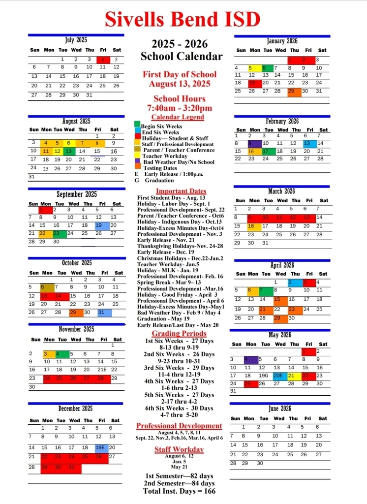 Sivells Bend ISD
2025-2026 Calendar