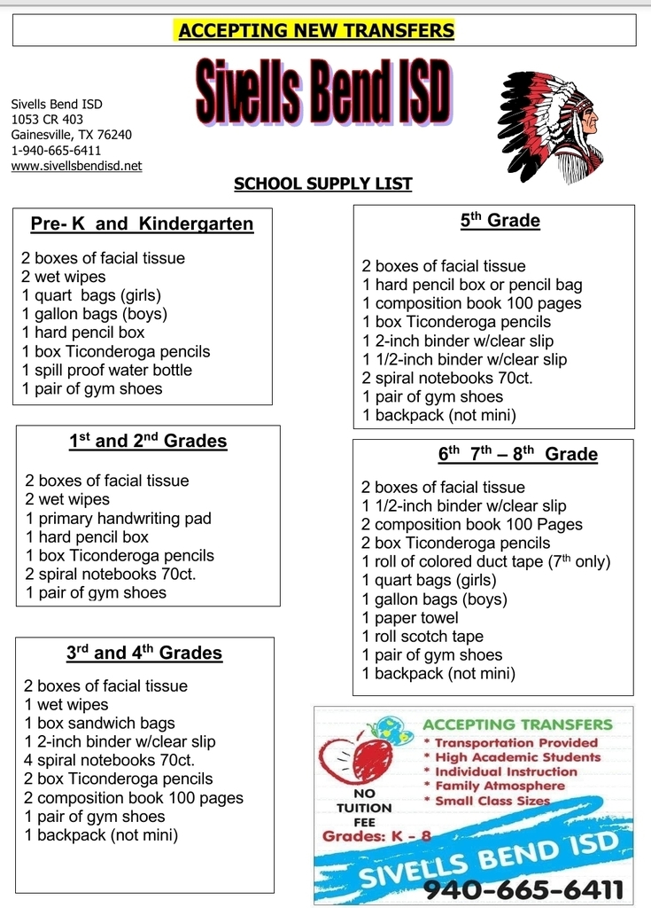 SIVELLS BEND ISD
School Supply List
