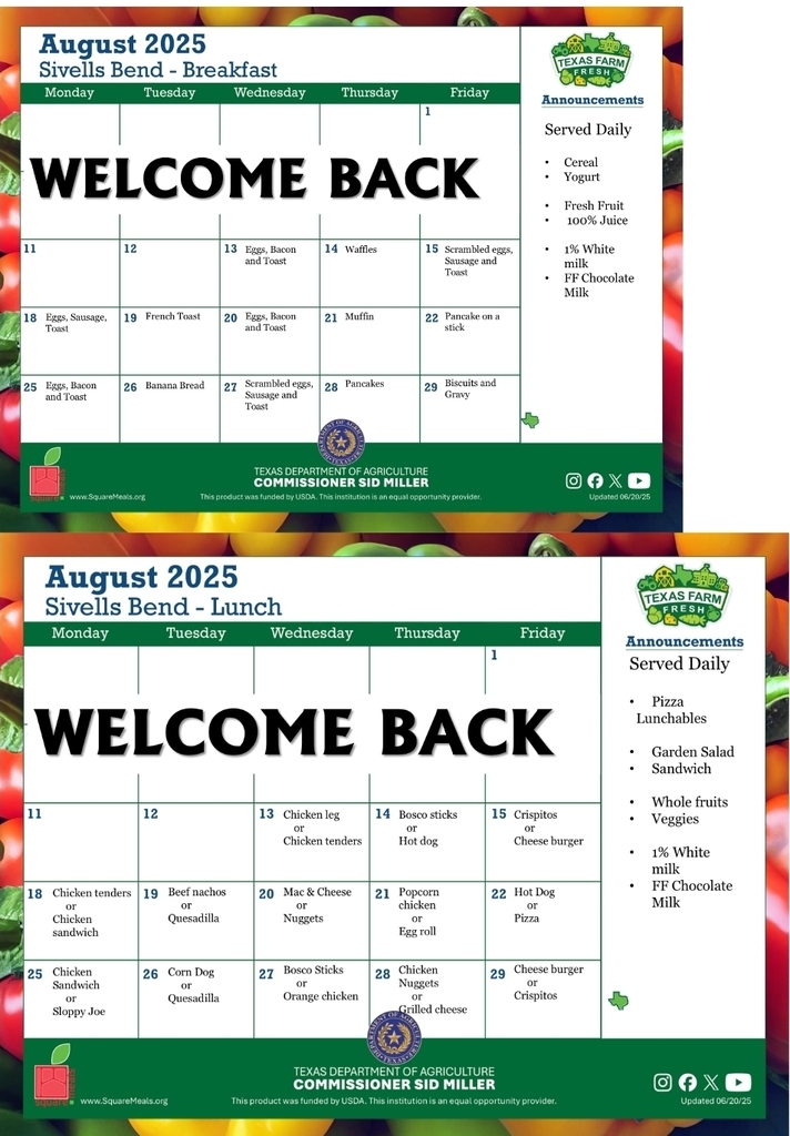 SIVELLS BEND ISD
AUGUST MENU