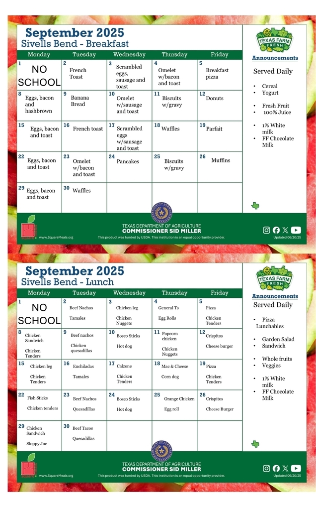 SIVELLS BEND ISD
September Menu