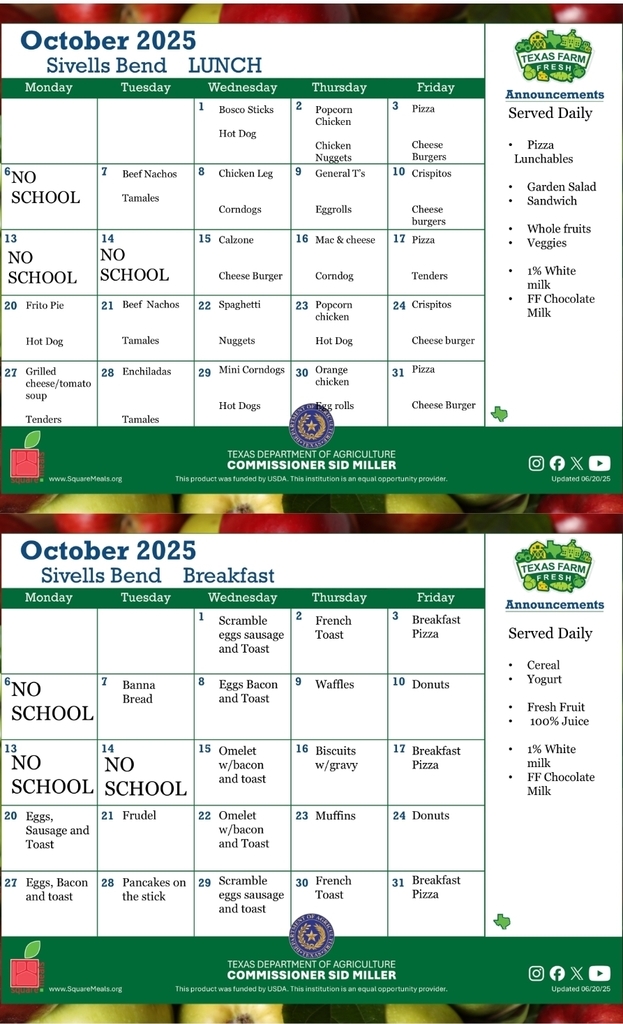 SIVELLS BEND ISD 
OCTOBER MENU