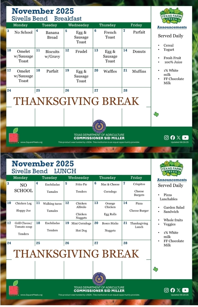 SIVELLS BEND ISD
NOVEMBER MENU