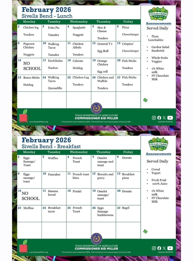 Sivells Bend ISD -
February Menu