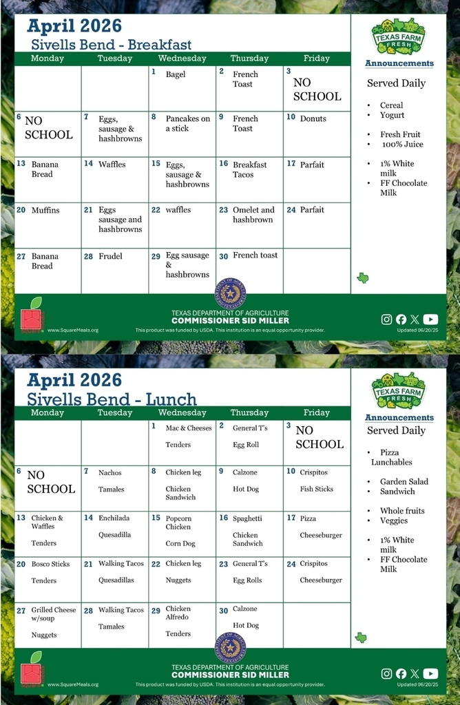 SIVELLS BEND ISD
APRIL MENU