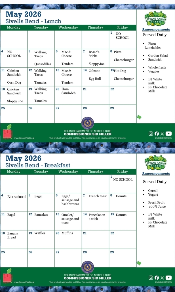 SIVELLS BEND ISD
MAY MENU