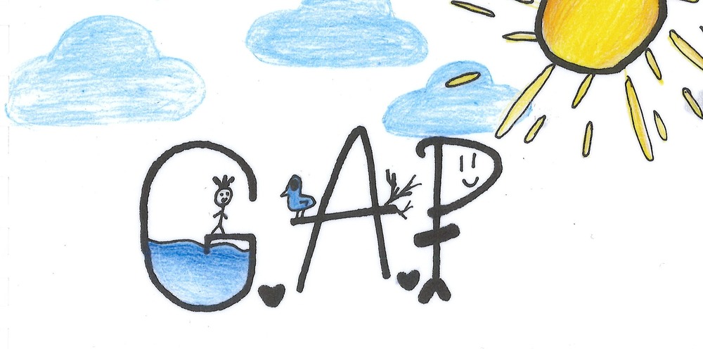 Image is of the cover of the 2025 GAP booklet. A colorful hand-drawn image features a sunny outdoor scene with blue clouds, a bright yellow sun, and the year "2025" written at the top. The word "GAP" is creatively illustrated with nature-themed elements: the letter "G" contains water with a stick figure sitting on the edge, the letter "A" has a blue bird perched on one leg, and the letter "P" has branches and a smiling face. Below the word, there is a realistic drawing of a loon floating on water. A small blue canoe with a stick figure is in the bottom right corner. The name "Laila NEW" is written in the top right corner.