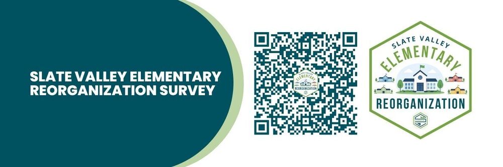 Newsletter banner reading "Slate Valley Elementary Reorganization Survey" featuring a QR code linking to the survey and the Slate Valley Elementary Reorganization logo.