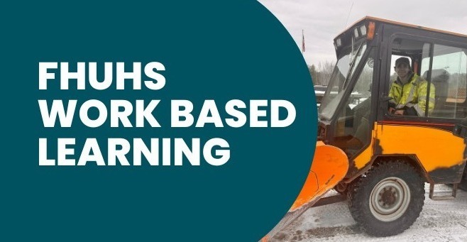 Banner graphic for Fair Haven Union High School’s Work Based Learning program. On the left, a teal circle contains the text “FHUHS Work Based Learning.” On the right are two photos: one of a student operating an orange sidewalk snowplow for the Fair Haven Public Works Department and another showing the front office window of the Fair Haven Police Department with “Police Dept.” lettering on the glass and a student visible inside the office.